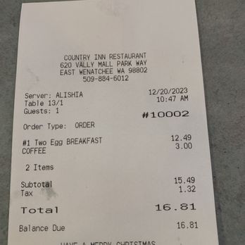 Country Inn - My receipt! - New American Near Me - East Wenatchee, Washington Country Inn - My receipt! - New American Near Me - East Wenatchee, Washington