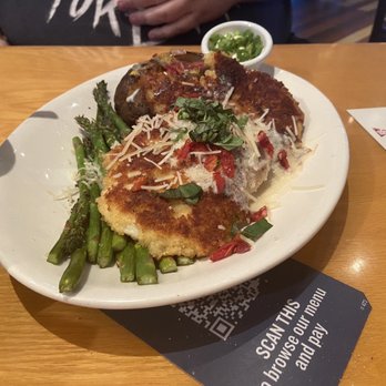 BJ's Restaurant & Brewhouse - Parmesan-crusted Chicken with asparagus and baked potato - Pizza Near Me - Peoria, Arizona BJ's Restaurant & Brewhouse - Parmesan-crusted Chicken with asparagus and baked potato - Pizza Near Me - Peoria, Arizona