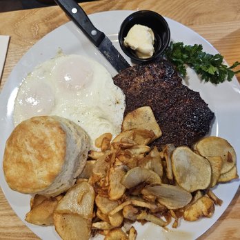 The Biscuit Basket - Steak, fried eggs, home fried potatoes and biscuit - Southern Near Me - Modesto, California The Biscuit Basket - Steak, fried eggs, home fried potatoes and biscuit - Southern Near Me - Modesto, California
