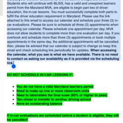 BLISS Driving Academy - After you pay the scheduling link telling you no need to call what is available is what is available!