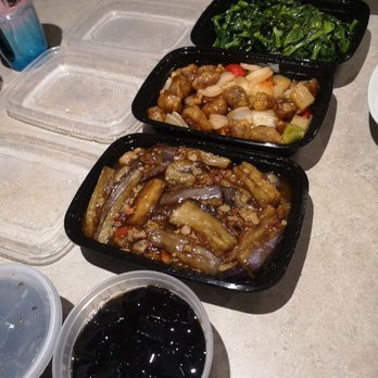 Lucky Pot - Snow pea leaves, Sweet and Sour Pork, Spicy Eggplant with Minced Pork, and a Complimentary Grass Jelly Dessert - Chinese Near Me - Toronto, Ontario
