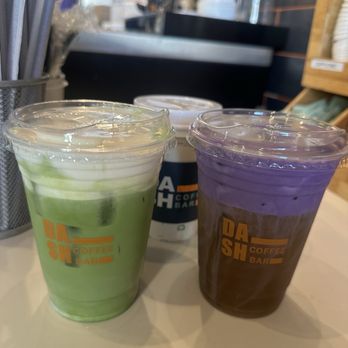 Dash Coffee Bar - Matcha Einspanner (Left) Purrrfect in Purrrple (Right) - Coffee & Tea Near Me - Pasadena, California