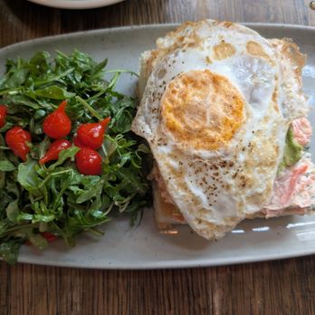 Medina Cafe - Salmon egg toast with yummy arugula salad. These tomatoes were so sweet and juicy - Breakfast & Brunch Near Me - Vancouver, British Columbia