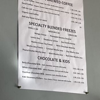 Cafe Bella Coffee - The menu pt.2 - A printed menu on white paper displays organic brewed coffee, specialty blended freezes, and chocolate drinks for kids, with prices and descriptions. - Coffee & Tea Near Me - Rio Rancho, New Mexico