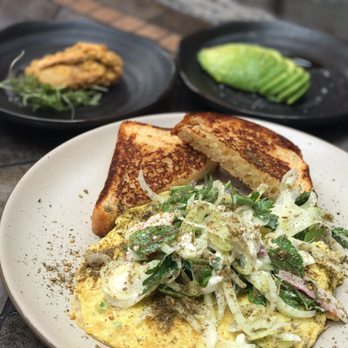Neptune's - Persian Frittata comes with Fat Toast.  Added a fried oyster and avocado as sides. - New American Near Me - Alameda, California