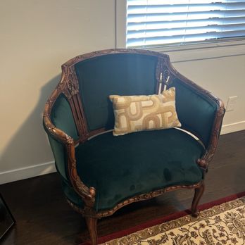 Artisan Interiors - Finished chair with accent pillow - Furniture Reupholstery Near Me - Sacramento, California