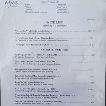 Blue Eyes Restaurant - White Wines Menu (07/08/23). @BlueEyesHoboken #Hoboken #NewJersey #ItalianFood #FrankSinatra - Pizza Near Me - Hoboken, New Jersey