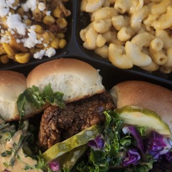 Soulicious Vegan Kitchen - Chickn slider plate with corn and mac $23.25 - Breakfast & Brunch Near Me - Apopka, Florida Soulicious Vegan Kitchen - Chickn slider plate with corn and mac $23.25 - Breakfast & Brunch Near Me - Apopka, Florida