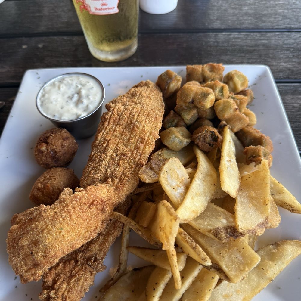 Sunset Grill - Catfish dinner with hush puppies, fries and fried okra - Seafood Near Me - Hot Springs Village, Arkansas Sunset Grill - Catfish dinner with hush puppies, fries and fried okra - Seafood Near Me - Hot Springs Village, Arkansas