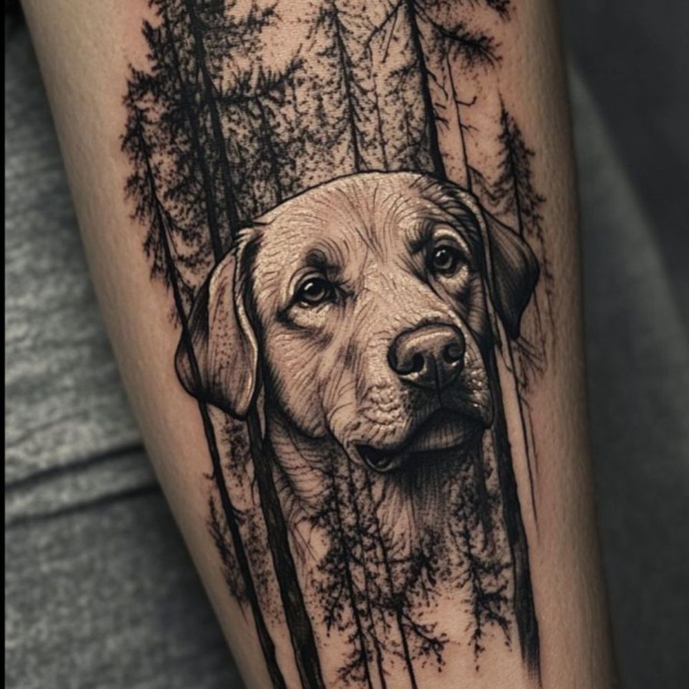 Eternal Ink Tattoos & Body Piercing - This is what I wanted it to look like. A simple white Lab, in some trees. With a banner and ribbon below it. - Jewelry Near Me - Waterloo, Iowa Eternal Ink Tattoos & Body Piercing - This is what I wanted it to look like. A simple white Lab, in some trees. With a banner and ribbon below it. - Jewelry Near Me - Waterloo, Iowa