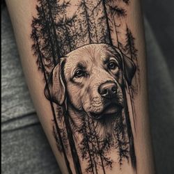 Eternal Ink Tattoos & Body Piercing - This is what I wanted it to look like. A simple white Lab, in some trees. With a banner and ribbon below it.