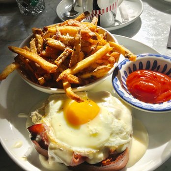 Paradiso - Croque Madame (speck ham, gruyere, mornay sauce, sunny-side-up egg with fries) - Bars Near Me - Dallas, Texas