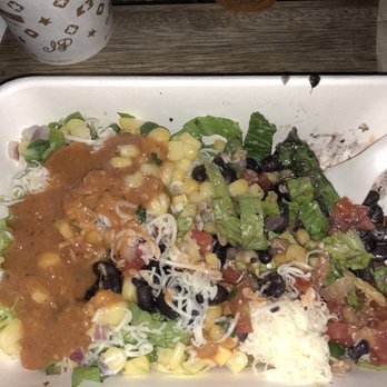 Illegal Pete's - Salad with black beans, cheese, corn salsa, lettuce, and tomato vinegarette. - Bars Near Me - Tucson, Arizona Illegal Pete's - Salad with black beans, cheese, corn salsa, lettuce, and tomato vinegarette. - Bars Near Me - Tucson, Arizona