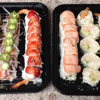 Sushi World - (left to right) White Dragon Roll, Atlantic Dragon Roll, Cypress Roll, Bentley Roll, Snowman Roll, Crunchy Roll - Sushi Bars Near Me - Cypress, California