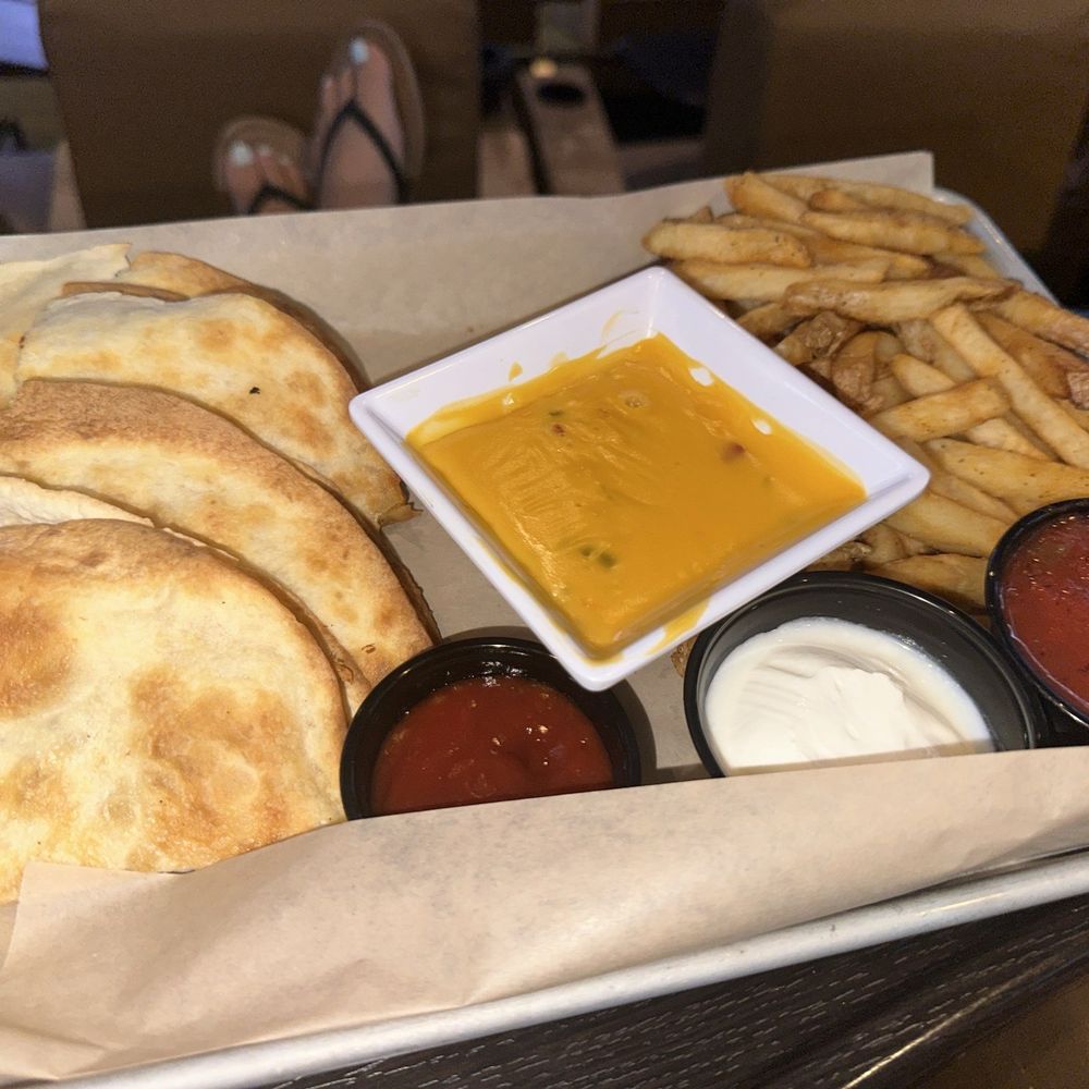 Chicken quesidilla and cheese fries