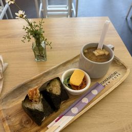 Shrimp tempura and kinoko onigiri