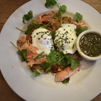 Cafe Pasqual's - Smoked trout on gruyere potato cake with 2 poached eggs - Vegetarian Near Me - Santa Fe, New Mexico