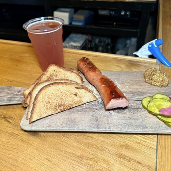 Medusa Brewing Company - "Smoked Kielbasa Platter" (smoked kielbasa sausage, toasted honey oat bread, house made dill pickles, dijon mustard) from Taco Gato - Breweries Near Me - Hudson, Massachusetts