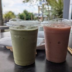 Matcha and strawberry frappe