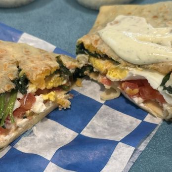 Clifton Cafe - Create Your Own Crepe w/ 2 fried eggs, spinach, Gruyère cheese, extra tomatoes, extra goat cheese and creama. - Coffee & Tea Near Me - Clifton, Virginia