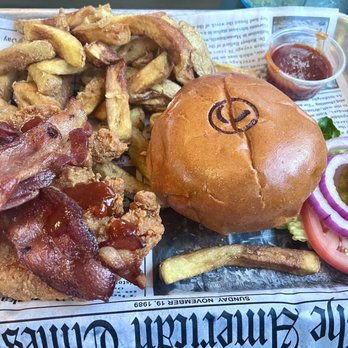 Cowbell Rock Row - "The Redneck" chicken sandwich with bourbon sauce (ask for it on the side) - Sports Bars Near Me - Westbrook, Maine Cowbell Rock Row - "The Redneck" chicken sandwich with bourbon sauce (ask for it on the side) - Sports Bars Near Me - Westbrook, Maine