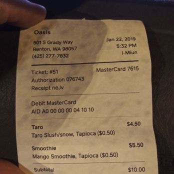 Oasis Tea Zone - Renton - Pricelist says $3.75 for snow but we were charged $4.00 - Coffee & Tea Near Me - Renton, Washington Oasis Tea Zone - Renton - Pricelist says $3.75 for snow but we were charged $4.00 - Coffee & Tea Near Me - Renton, Washington