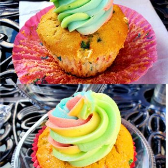 Minion Cafe - $5 Unicorn Cupcake: Gorgeous looking! The Funfetti cake itself was rich and moist. The Unicorn frosting was super sweet = sugary boost, lol! - Cafes Near Me - Universal City, California