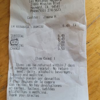 Las Montañas Supermarket - bakery receipt - Mexican Near Me - Hayward, California Las Montañas Supermarket - bakery receipt - Mexican Near Me - Hayward, California