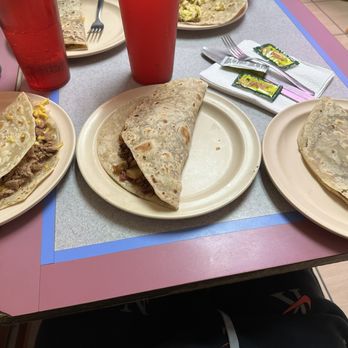 Isabel's Cafe - Carne guisada with cheese, bean chorizo and cheese, and potato and bacon taco - Mexican Near Me - Port Isabel, Texas