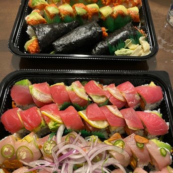 Kushiyu - Asian Roll, Lemon Roll, Spicy Tuna Hand Rolls, and Albacore Special Roll from top to bottom. All so delicious! - Sushi Bars Near Me - Tarzana, California