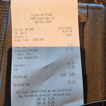 Firebirds Wood Fired Grill - The check! - Steakhouses Near Me - Plano, Texas Firebirds Wood Fired Grill - The check! - Steakhouses Near Me - Plano, Texas