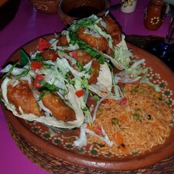 Las Adelitas - Tempura shrimp tacos with rice
