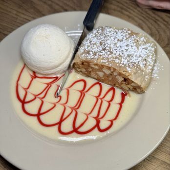 Hofbrauhaus Pittsburgh - Apfel Strudel - traditional apple strudel with hand-stretched dough and delicate filling, served warm with vanilla and raspberry sauces - German Near Me - Pittsburgh, Pennsylvania