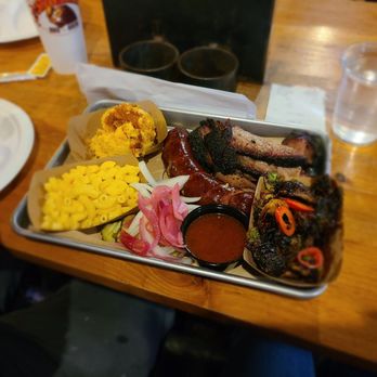 Stiles Switch BBQ & Brew - 3 meat plate with 2 sides and added an additional side! - Barbeque Near Me - Austin, Texas