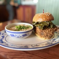 King BBQ - Fried Chicken Sandwich with side of BBQ fried rice with ranch
