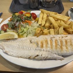 Bizzie Lizzie's - Grilled haddock with half fries and salad