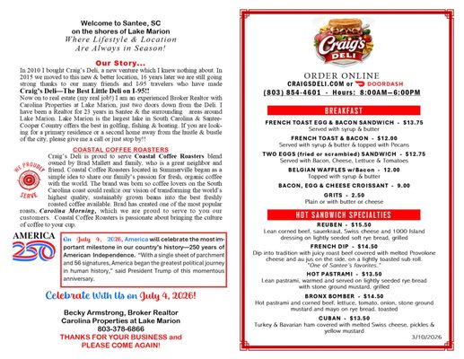 Menu photo 7 Craig's Place Cafe & Deli Santee, SC