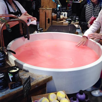 Lush - Gorgeous pink water during a regular bath ballistic demonstration - wishing I could jump right in! - Cosmetics & Beauty Supply Near Me - London, XGL