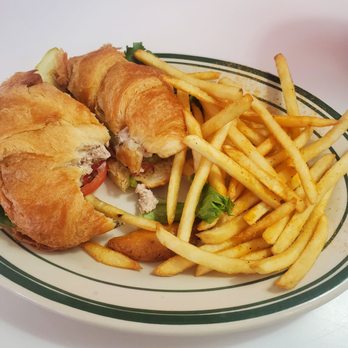 The Red Plate Diner - Tuna salad on a buttery cuisant with Avocado added and shoestring fries. - Burgers Near Me - Midland, Texas