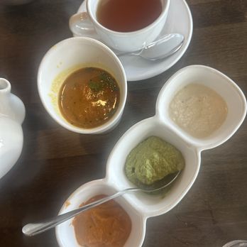 Spice Indian Cuisine - Mysore masala dosa accompaniments along with hot green tea - Indian Near Me - Sarasota, Florida