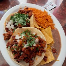 2 al pastor tacos with rice and beans 2 al pastor tacos with rice and beans