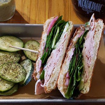 The Weathervane Cafe - Denver Turkey sandwich with greens, pickled onions, cucumbers, and creamy avocado vinaigrette.   Delicious! - Coffee & Tea Near Me - Denver, Colorado