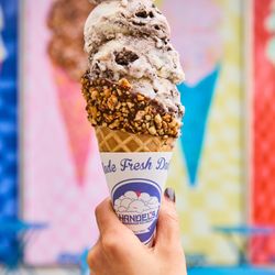 "Vanilla with Oreo" in a dipped waffle cone