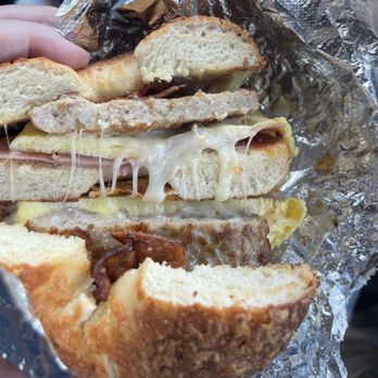 Holey Moley Bagel Bar NYC - Holey Moley - 3 meats egg and pepper jack on Asiago. - Bagels Near Me - Orange Park, Florida