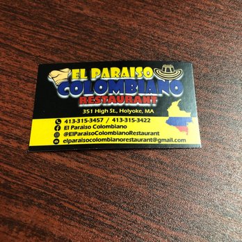El Paraiso Colombiano - a business card on a table - Colombian Near Me - Holyoke, Massachusetts El Paraiso Colombiano - a business card on a table - Colombian Near Me - Holyoke, Massachusetts