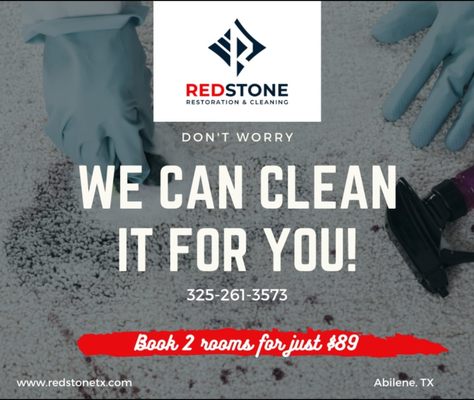 Protectant On Carpet - Price: $15/Rroom
***Anything over 200 SQ FT is considered a separate room***
Please call us today for a free estimate: (325) 261-3573 Protectant On Carpet - Price: $15/Rroom
***Anything over 200 SQ FT is considered a separate room***
Please call us today for a free estimate: (325) 261-3573