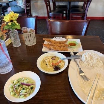 Box Thai Street Food - Green Curry/ steamed White Rice/ Shrimp tempura and my fava's cucumber salad! - Thai Near Me - Van Nuys, California Box Thai Street Food - Green Curry/ steamed White Rice/ Shrimp tempura and my fava's cucumber salad! - Thai Near Me - Van Nuys, California