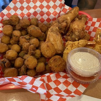 Fish & Chicks - Wings, Fried Okra and fried Shrimp (3) - Seafood Near Me - Cypress, Texas