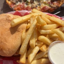 Nashville hot chicken sandwich with pimento cheese and a supreme style pizza-had its own name just can't recall. Nashville hot chicken sandwich with pimento cheese and a supreme style pizza-had its own name just can't recall.