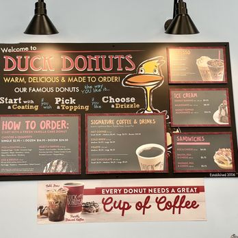 Duck Donuts - Menu sign board (April 2023) - zoom in for details and pricing. WARNING: These ain't your $1 Dunkin Donuts - pricey but worth the splurge - Donuts Near Me - Woodbridge, Virginia Duck Donuts - Menu sign board (April 2023) - zoom in for details and pricing. WARNING: These ain't your $1 Dunkin Donuts - pricey but worth the splurge - Donuts Near Me - Woodbridge, Virginia